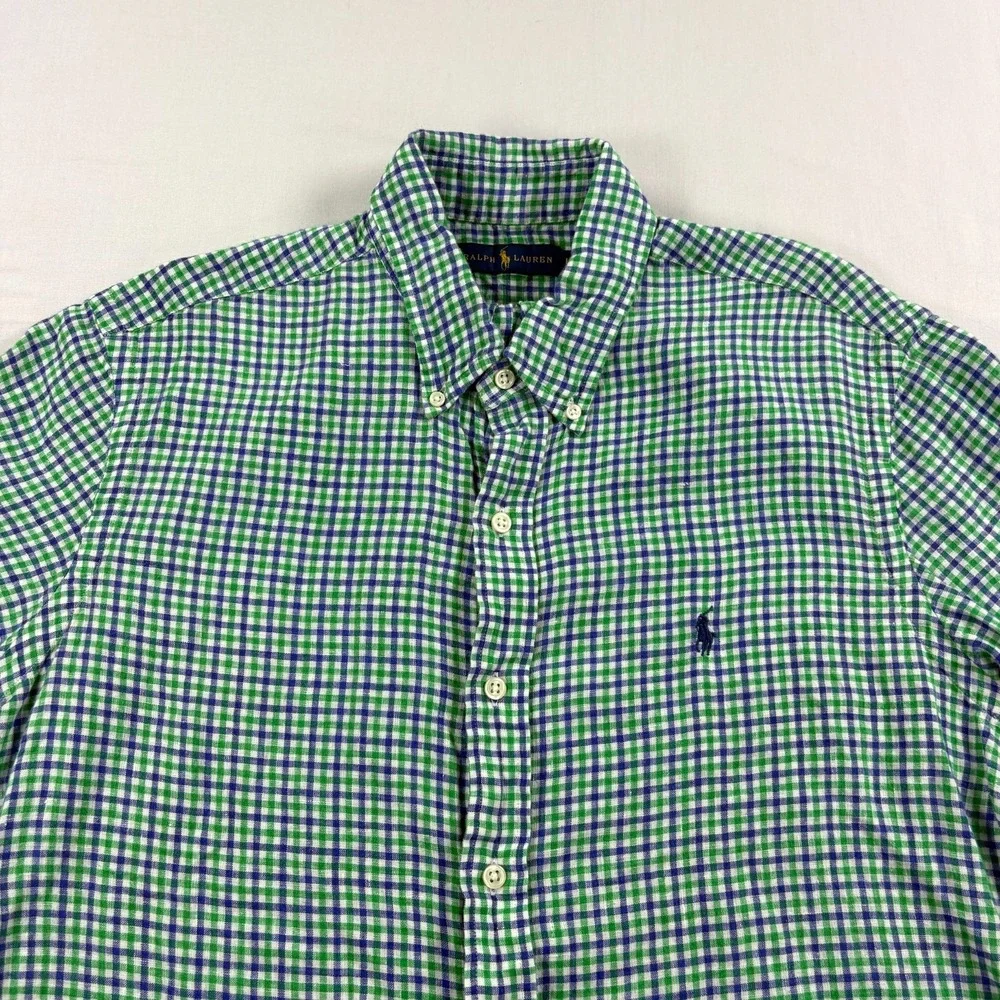 Polo Ralph Lauren Linen Shirt Mens Large Blue Green Plaid Button Up Camp Beach